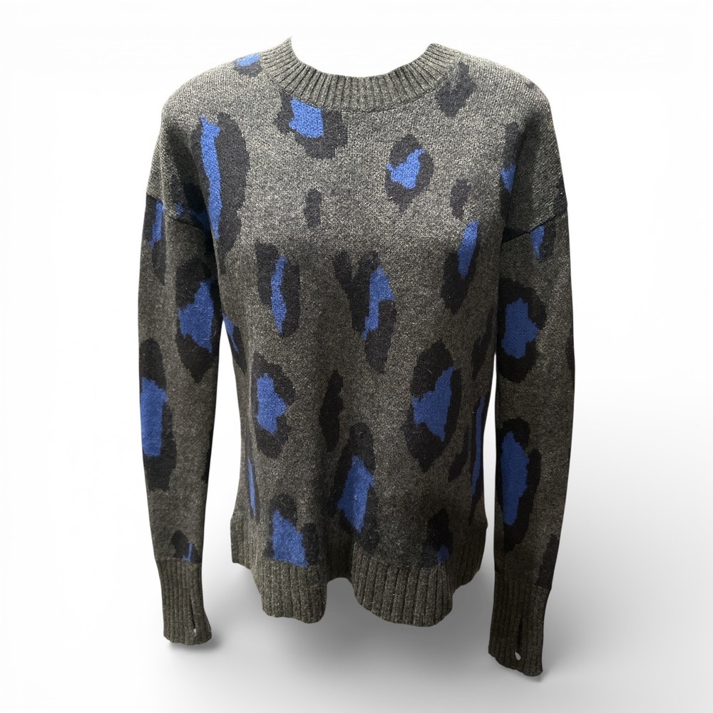 Athleta Wool Cashmere Leopard Animal Print Sweater Blue Gray Thumbholes S‎